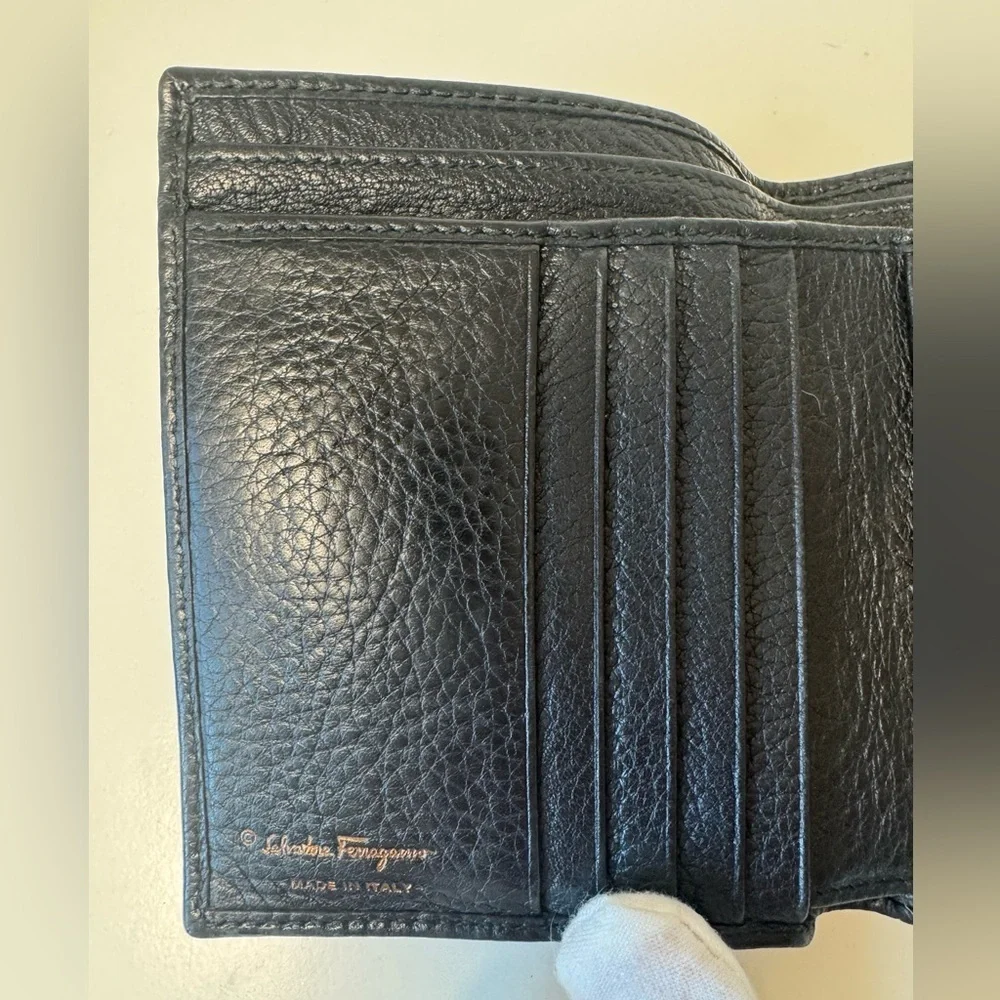 Salvatore Ferragamo Vintage Hook Bi Fold Black Pebbled Leather Wallet